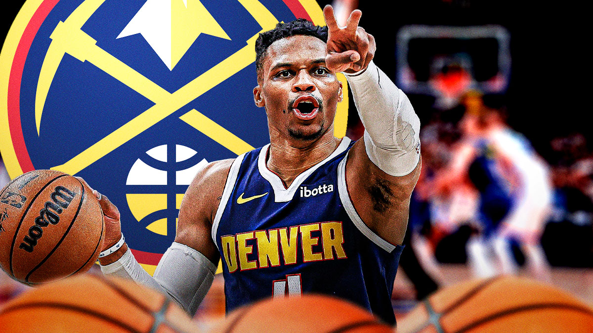 Russell Westbrook playing basketball for the Nuggets with Nuggets logo in background.