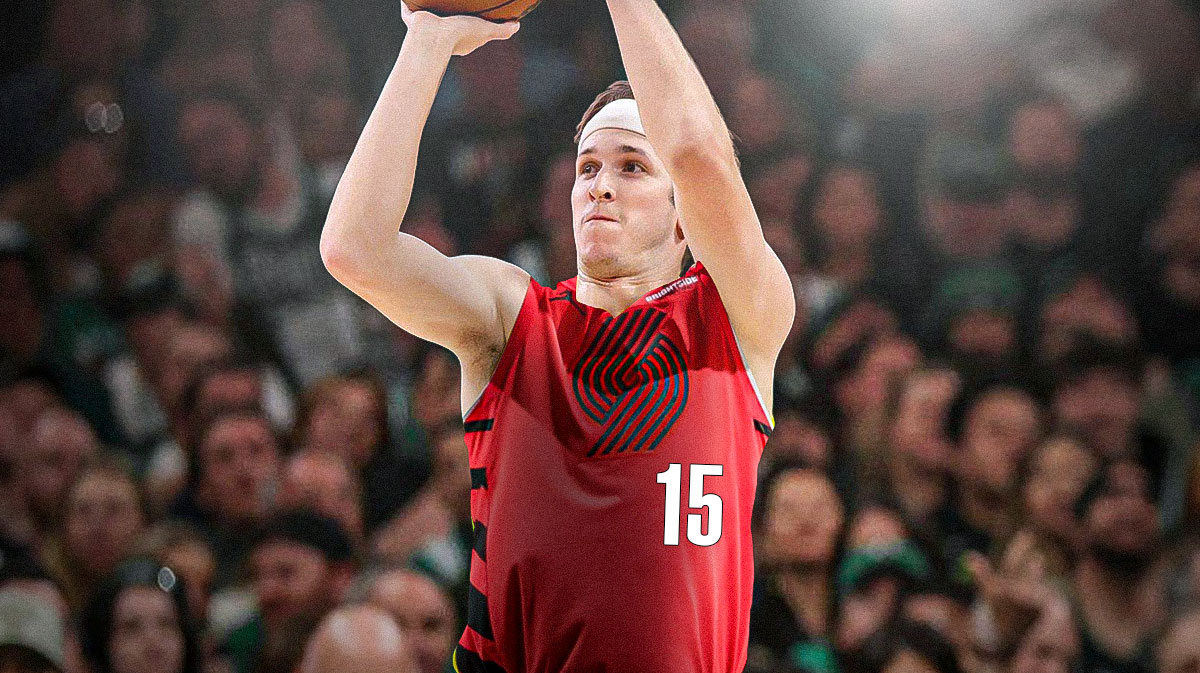 Austin Reaves (number 15) photoshopped in Trail Blazers jersey