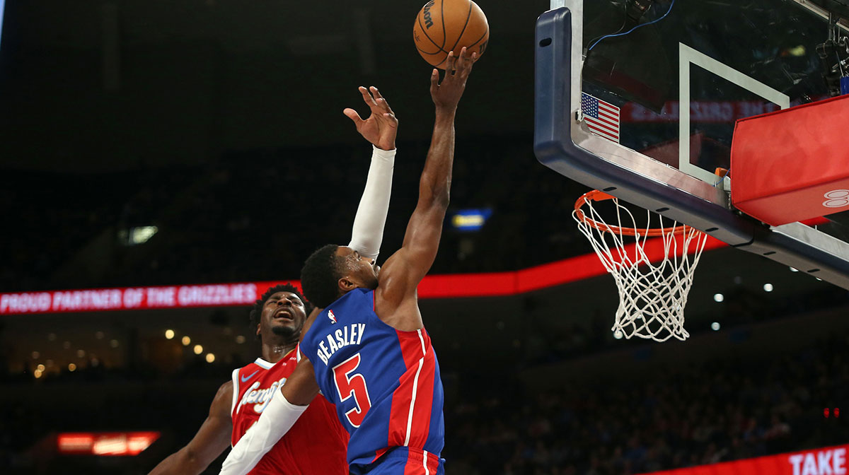 Detroit Pistons guard Malik Beasley (5) drives to the basket as Memphis Grizzlies forward Jaren Jackson Jr. (13) defends during the first half at FedExForum.