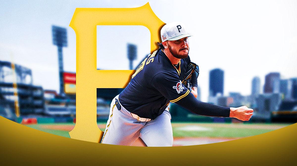 Paul Skenes pitching. Pirates logo in background.