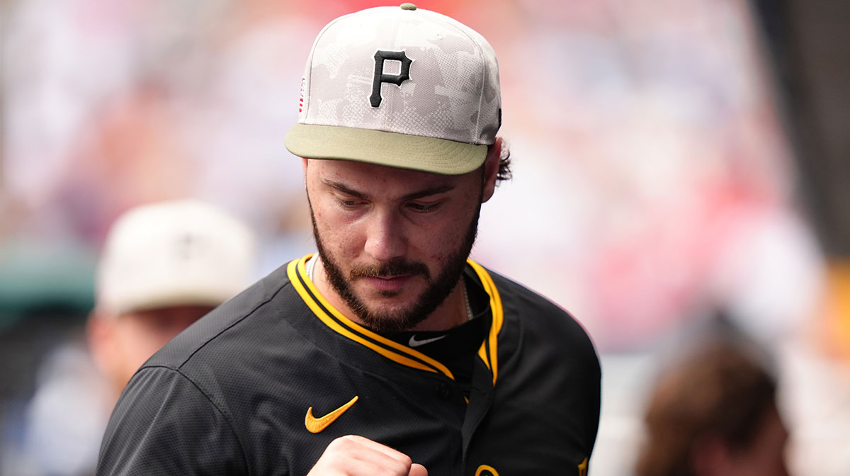 Pittsburgh Pirates starting pitcher Paul Skenes (30) reacts in the dugout against the Philadelphia Phillies in the ninth inning at Citizens Bank Park.