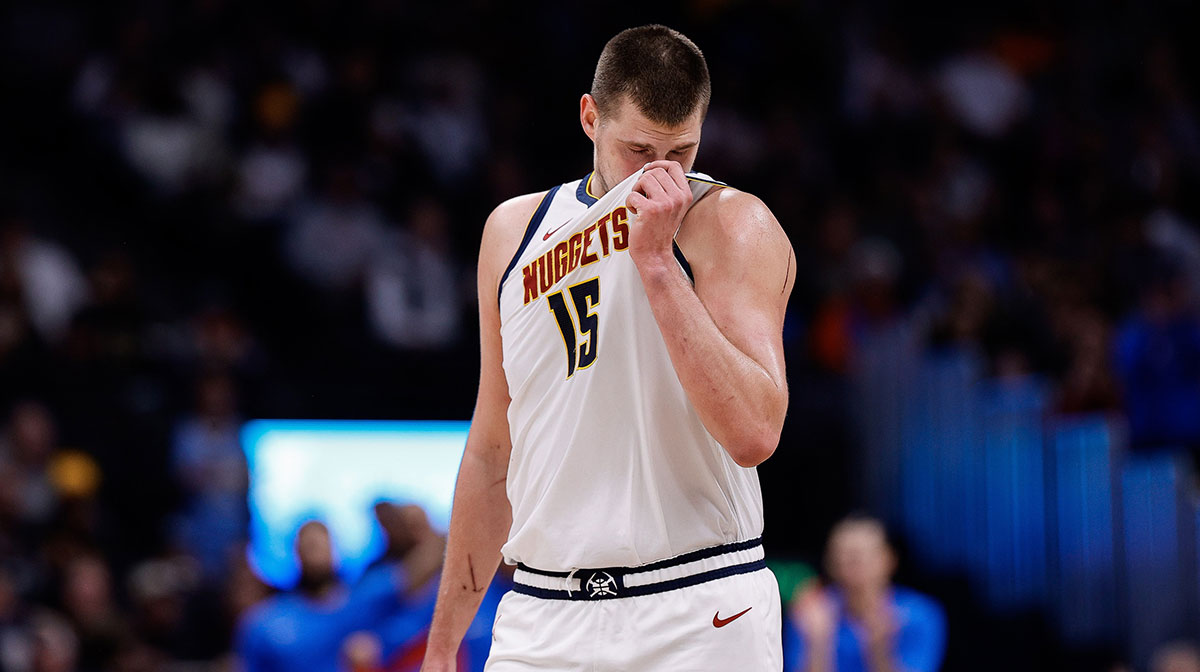Denver Nuggets center Nikola Jokic (15) in the third quarter against the Oklahoma City Thunder at Ball Arena.