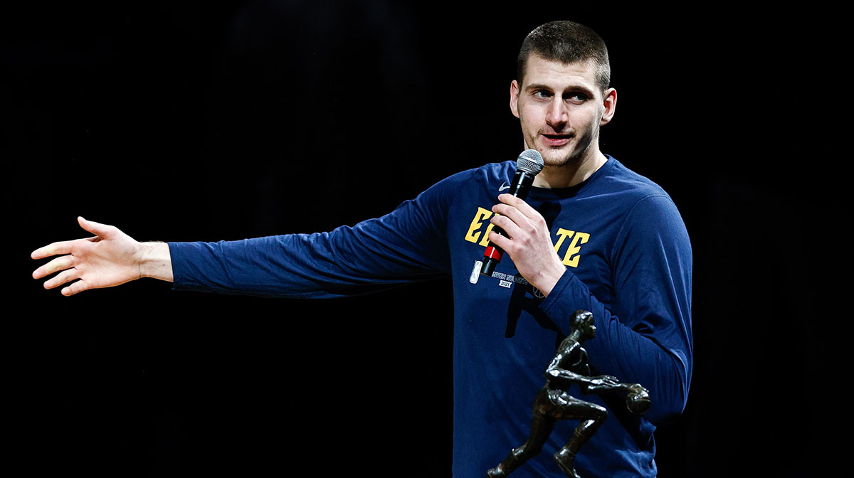 Denver Nuggets center Nikola Jokic (15) speaks after receiving the NBA MVP award before the game against the Phoenix Suns during game three in the second round of the 2021 NBA Playoffs at Ball Arena.