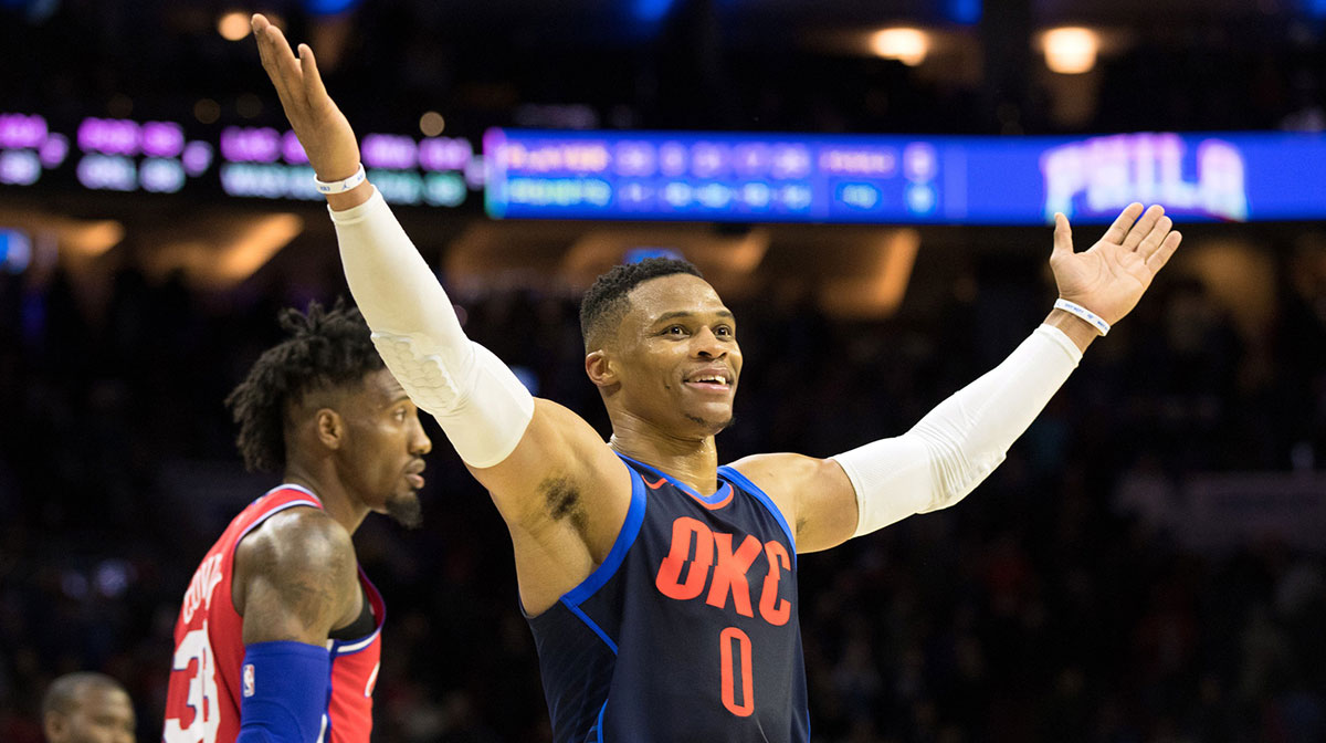 Oklahoma City Thunder guard Russell Westbrook (0) reacts after a victory in overtime against the Philadelphia 76ers at Wells Fargo Center.