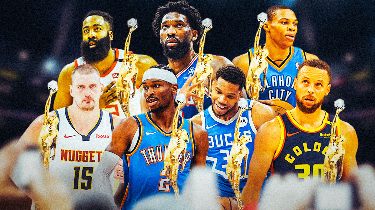 Nikola Jokic, Shai Gilgeous-Alexander, Giannis Antetokounmpo, Stephen Curry, Russell Westbrook (OKC), James Harden (Rockets), Joel Embiid all together. Preferably have each or some of these MVPs are holding up the MVP Trophy. If not, can just put the MVP trophy front and center of the graphic.