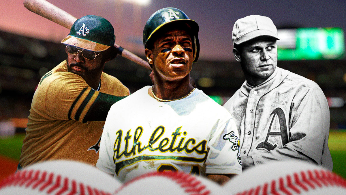 Rickey Henderson, Jimmie Foxx, Reggie Jackson all together playing for Athletics. Athletics logo front and center.