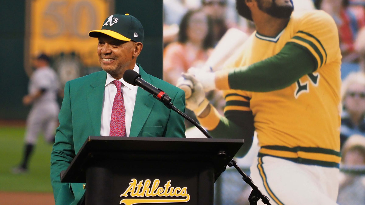 Oakland Athletics hall of fame inductee Reggie Jackson before the game against the New York Yankees at Oakland Coliseum.