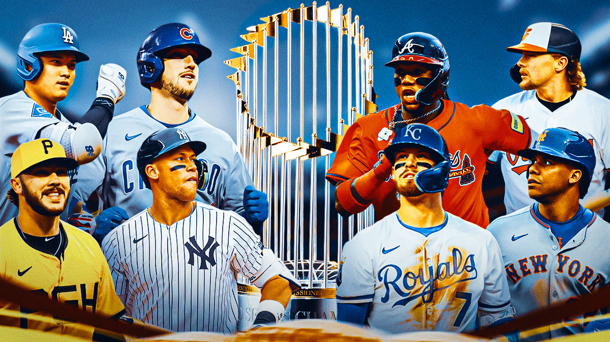 Paul Skenes, Aaron Judge, Shohei Ohtani, Kyle Tucker, Juan Soto, Bobby Witt Jr., Gunnar Henderson, Ronald Acuna Jr. all together with Commissioners Trophy (World Series Trophy) front and center.
