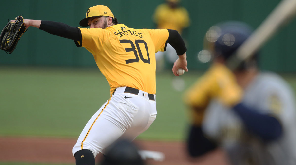 Pittsburgh Pirates starting pitcher Paul Skenes (30) pitches to Milwaukee Brewers left fielder Jake Bauers (9) during the second inning at PNC Park.