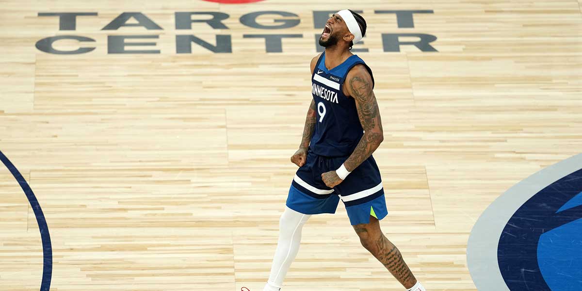 Minnesota Timberwolves guard Nickeil Alexander-Walker (9) reacts against the Oklahoma City Thunder in the second half during game four of the western conference finals for the 2025 NBA Playoffs at Target Center.