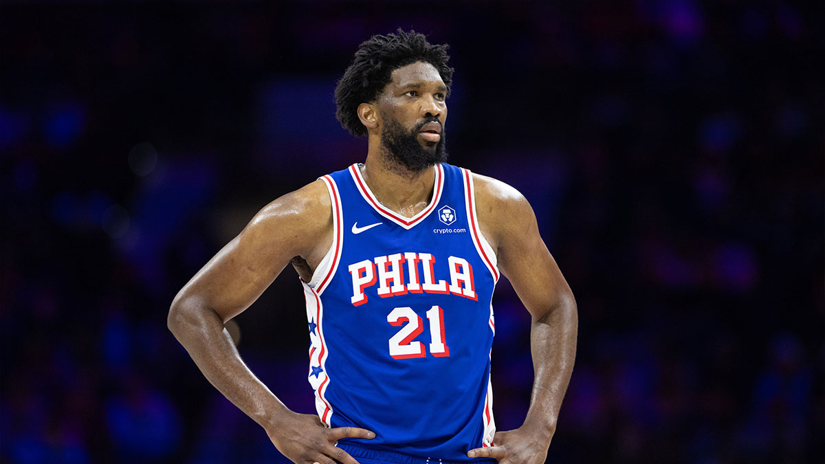 Philadelphia 76ers center Joel Embiid (21) looks on during the third quarter against the Boston Celtics at Wells Fargo Center.