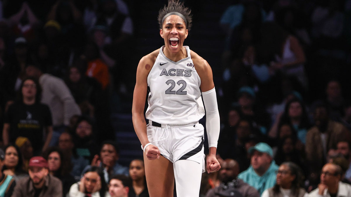 Las Vegas Aces center A'ja Wilson (22) celebrates after scoring in the fourth quarter against the New York Liberty during game two of the 2024 WNBA Semi-finals at Barclays Center.