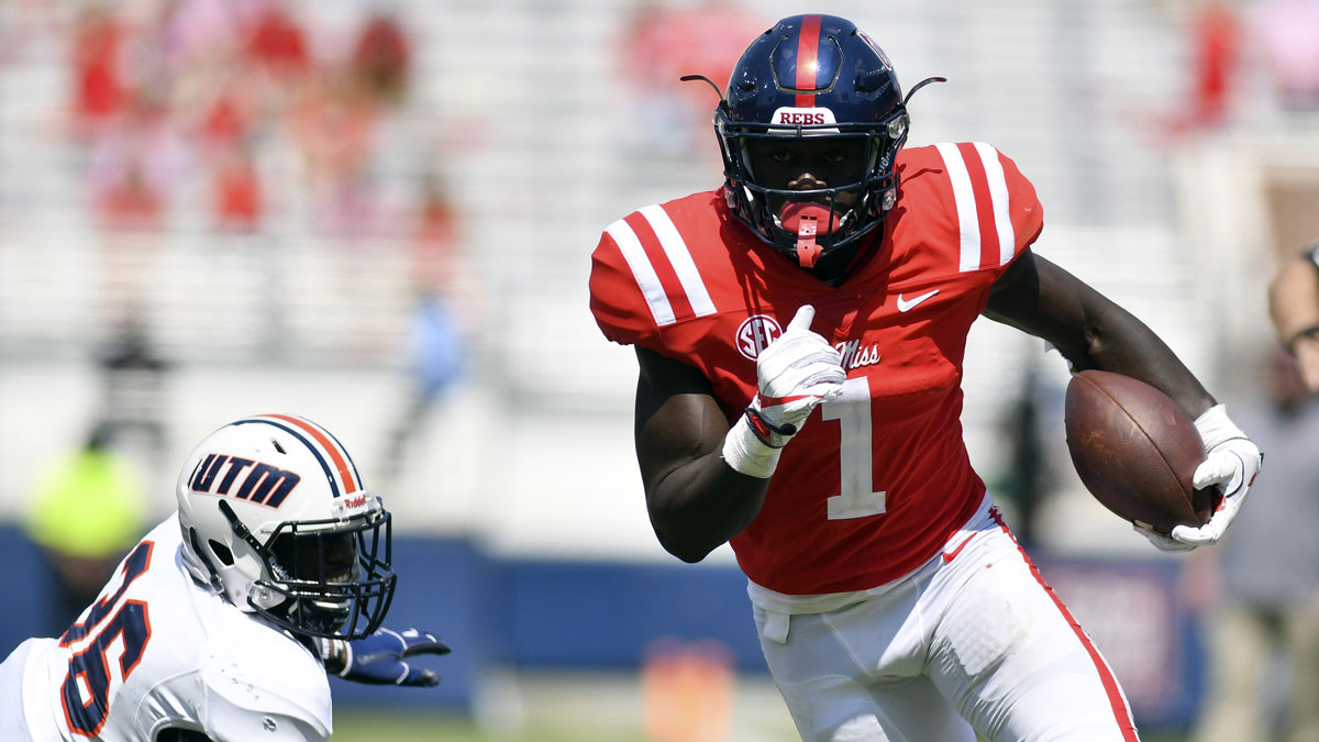 Sep 9, 2017; Oxford, MS, USA; Mississippi Rebels wide receiver A.J. Brown (1) runs the ball during the third quarter against Tennessee Martin Skyhawks at Vaught-Hemingway Stadium.