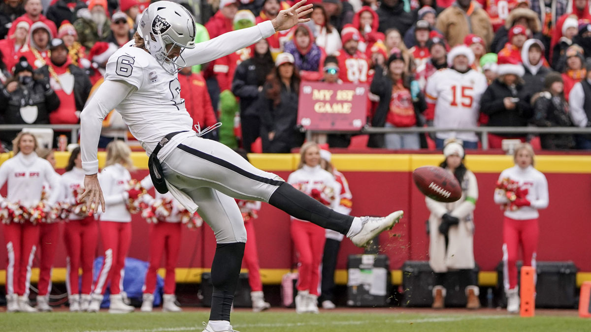 Dec 25, 2023; Kansas City, Missouri, USA; Las Vegas Raiders punter AJ Cole (6) punts the ball against the Kansas City Chiefs during the game at GEHA Field at Arrowhead Stadium. 