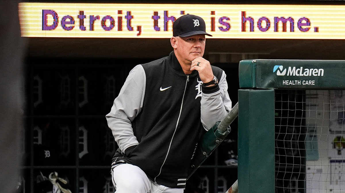 Detroit Tigers manager A.J. Hinch (14) watches a play against Kansas City Royals during the third inning at Comerica Park