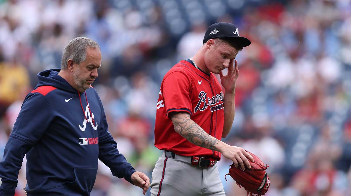Atlanta Braves pitcher AJ Smith-Shawver (32) leaves the game during the third inning against the Philadelphia Phillies.