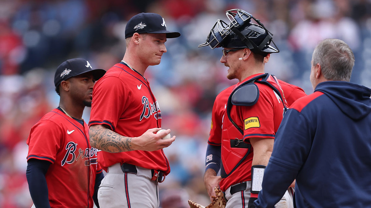 Atlanta Braves pitcher AJ Smith-Shawver (32) talks with catcher Sean Murphy (12) before leaving the game during the third inning against the Philadelphia Phillies at Citizens Bank Park.