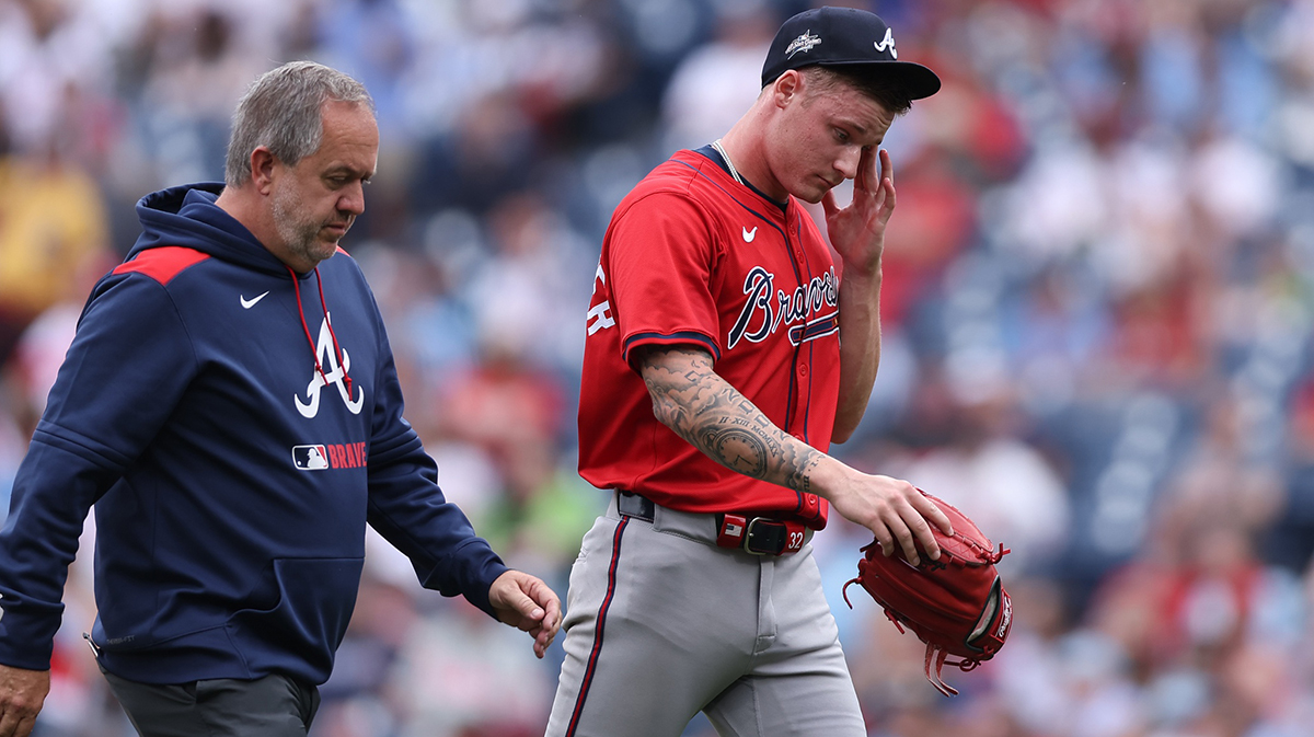 Atlanta Braves pitcher AJ Smith-Shawver (32) leaves the game during the third inning against the Philadelphia Phillies at Citizens Bank Park.
