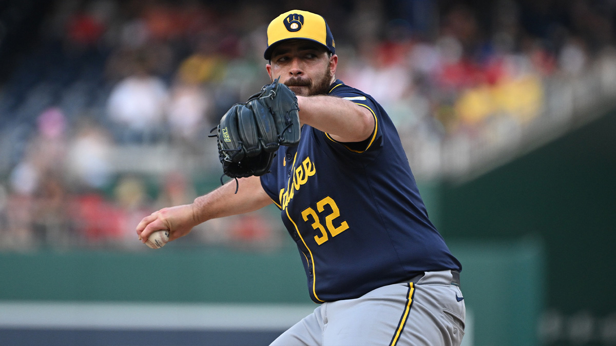 Aug 3, 2024; Washington, District of Columbia, USA; Milwaukee Brewers starting pitcher Aaron Civale (32) throws a pitch against the Washington Nationals during the first inning at Nationals Park. Mandatory Credit: Rafael Suanes-Imagn Images