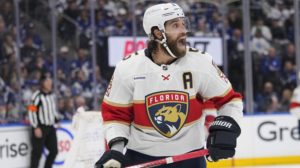 Florida Panthers defenseman Aaron Ekblad (5) calls out to teammates during the third period of game seven of the second round of the 2025 Stanley Cup Playoffs against the Toronto Maple Leafs at Scotiabank Arena.
