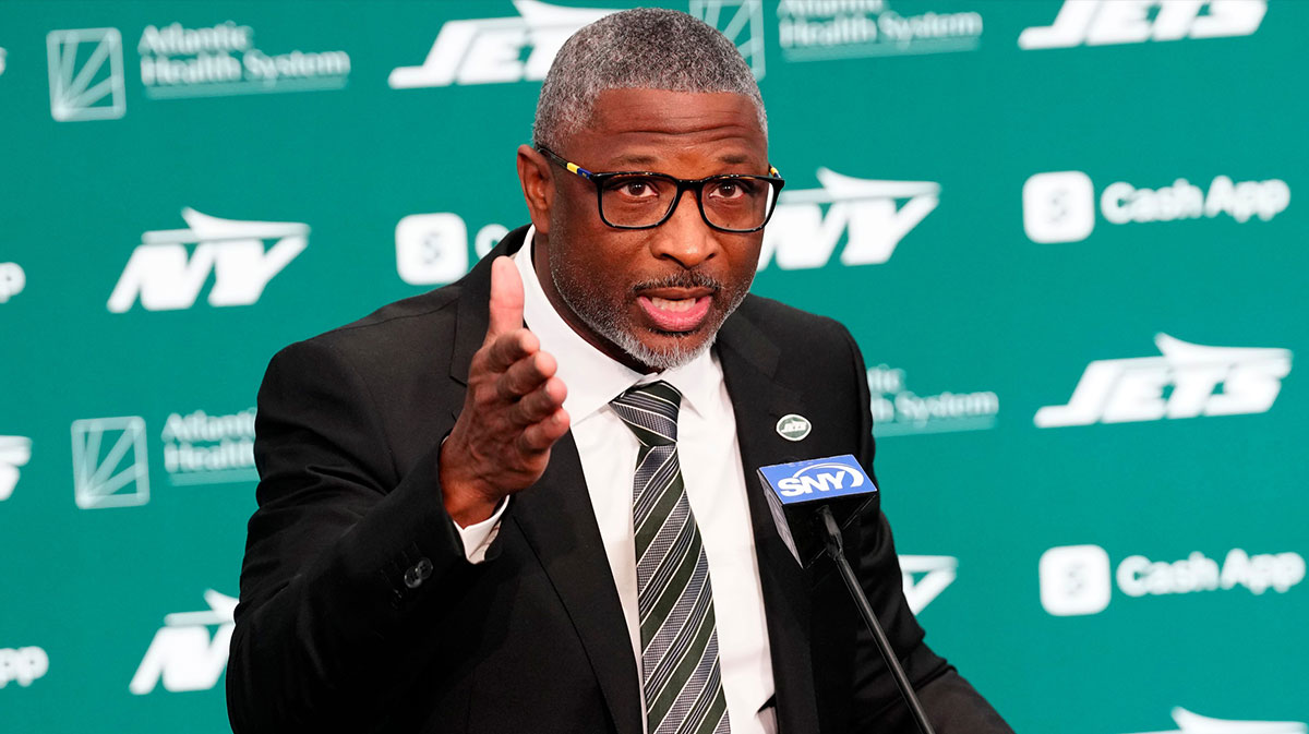 New York Jets Head Coach Aaron Glenn, is shown as he speaks during a press conference, at the Atlantic Health Jets Training Center, Monday, January 27, 2025, in Florham Park.