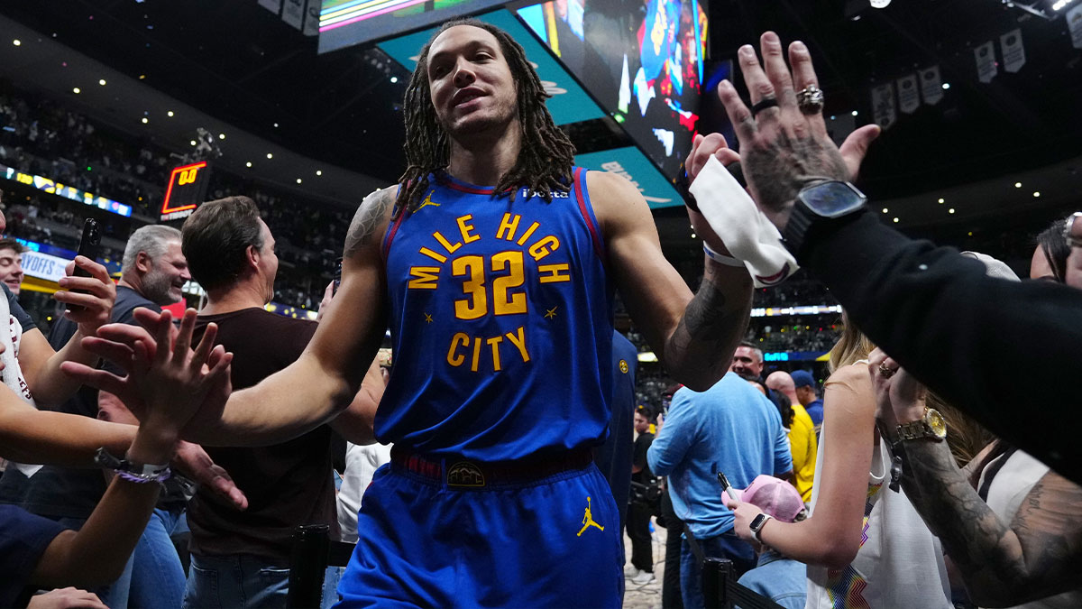 Denver Nuggets forward Aaron Gordon (32) celebrates the win over the LA Clippers following game seven of first round for the 2025 NBA Playoffs at Ball Arena.