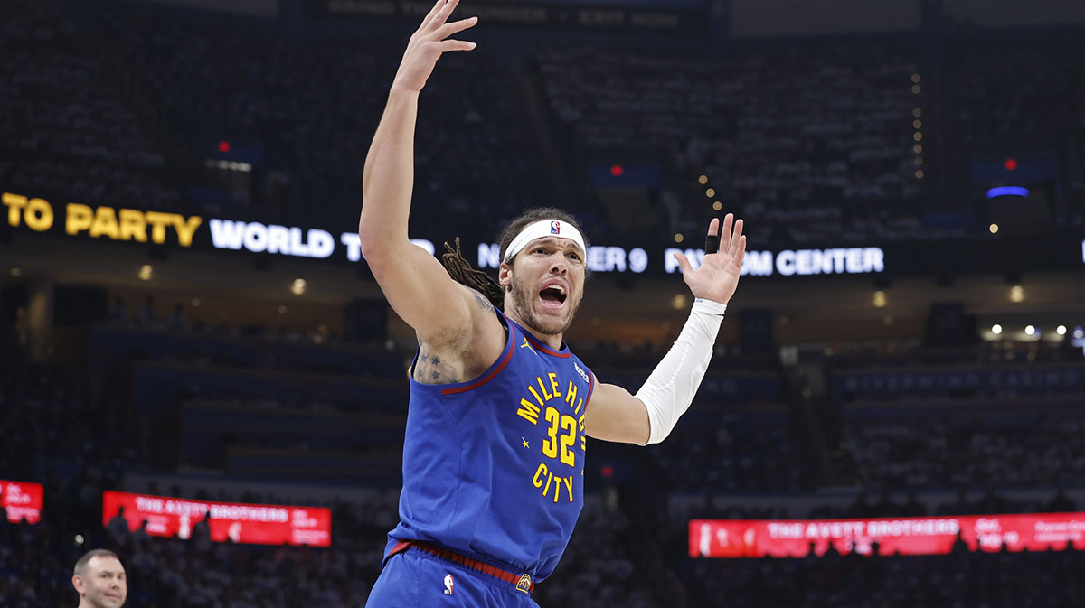 Denver Nuggets forward Aaron Gordon (32) reacts after a play against the Oklahoma City Thunder during the second quarter of game five of the second round for the 2025 NBA Playoffs at Paycom Center.