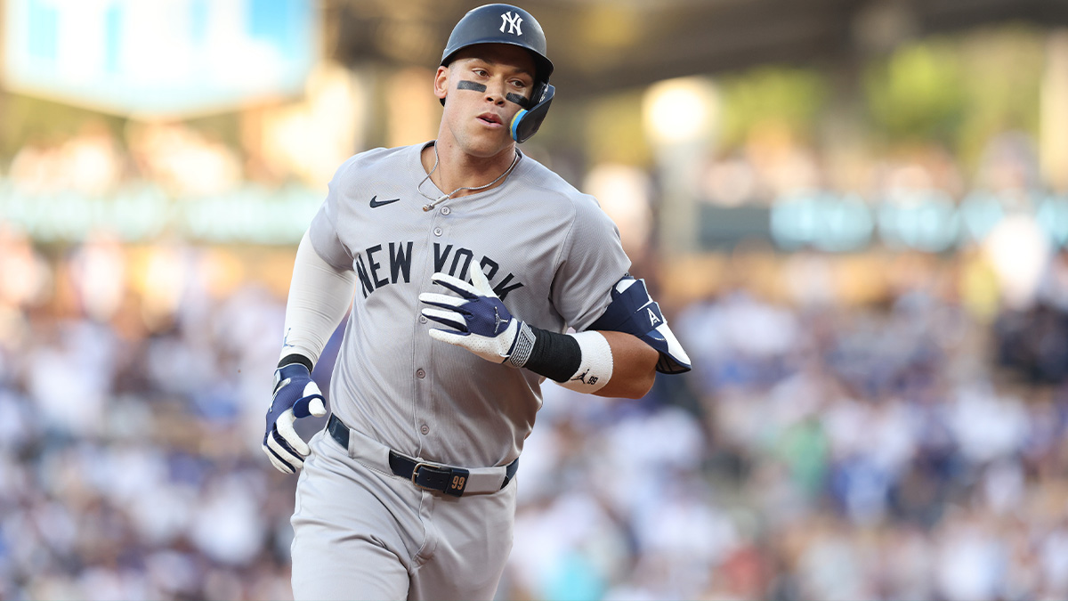 New York Yankees rightfielder Aaron Judge (99) rounds the bases after a home run during the first inning against the Los Angeles Dodgers at Dodger Stadium.