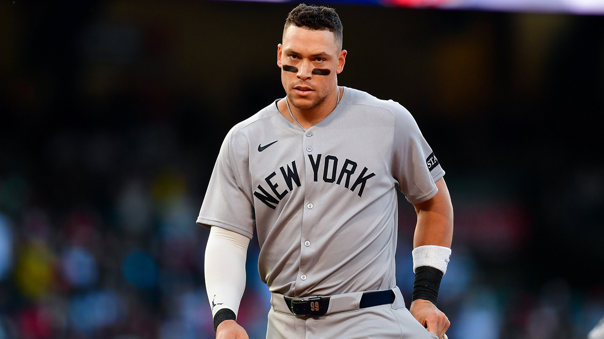New York Yankees right fielder Aaron Judge (99) reacts after grounding out to end the top of the third inning at Angel Stadium.
