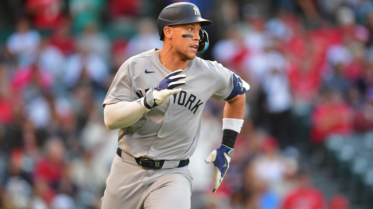New York Yankees right fielder Aaron Judge (99) runs after hitting a single against the Los Angeles Angels during the first inning at Angel Stadium.
