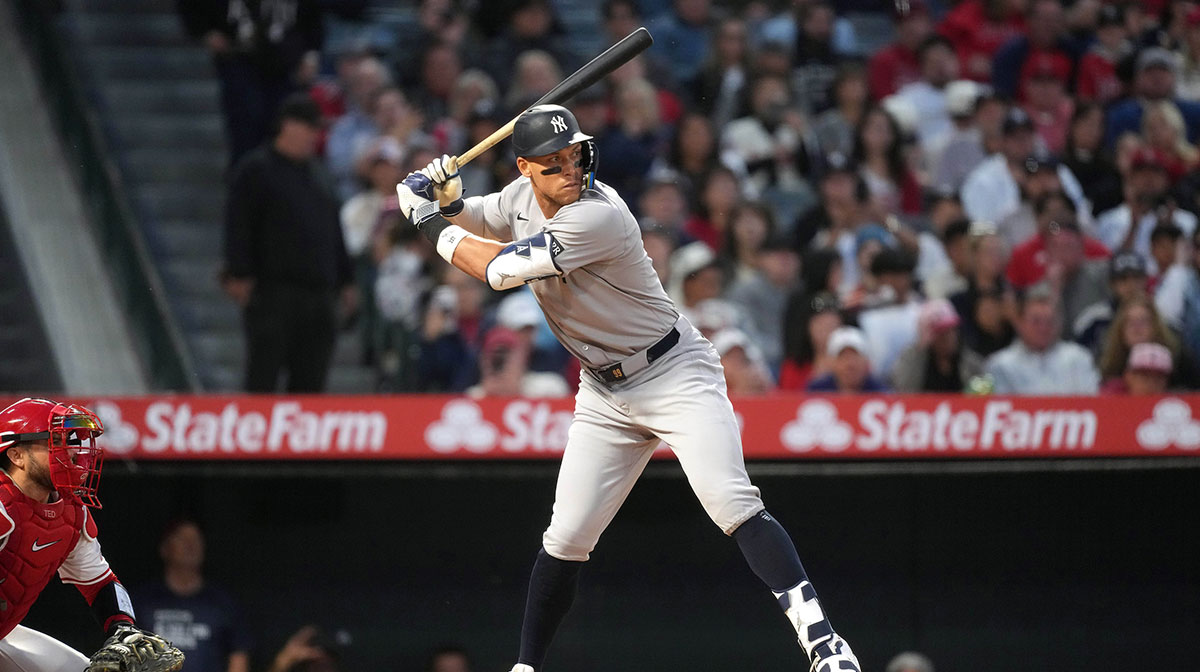 New York Yankees designated hitter Aaron Judge (99) bats in the fifth inning against the Los Angeles Angels at Angel Stadium. Kirby Lee-Imagn Images