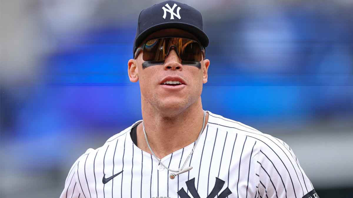 Apr 27, 2025; Bronx, New York, USA; New York Yankees right fielder Aaron Judge (99) runs off the field during the fifth inning against the Toronto Blue Jays at Yankee Stadium.