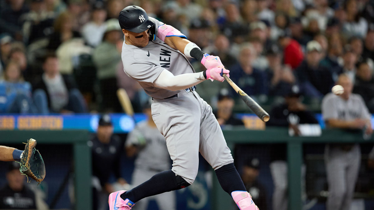 May 14, 2025; Seattle, Washington, USA; New York Yankees designated hitter Aaron Judge (99) hits a solo home run off Seattle Mariners pitcher Carlos Vargas (not pictured) during the eighth inning at T-Mobile Park.