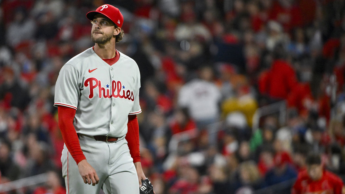 Apr 11, 2025; St. Louis, Missouri, USA; Philadelphia Phillies starting pitcher Aaron Nola (27) walks off the field after the fifth inning against the St. Louis Cardinals at Busch Stadium. Mandatory Credit: Jeff Curry-Imagn Images