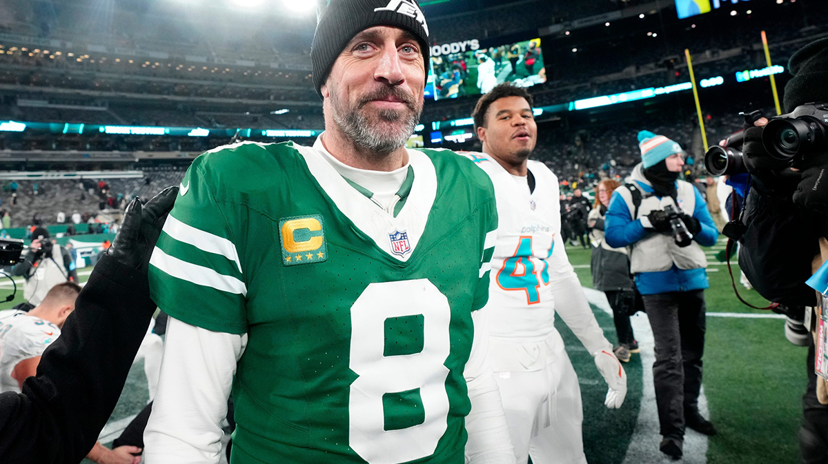 New York Jets quarterback Aaron Rodgers (8) is shown after he led Gang Green to a 32-20 victory against the Miami Dolphins, on Jan. 5, 2025, in East Rutherford, N.J.