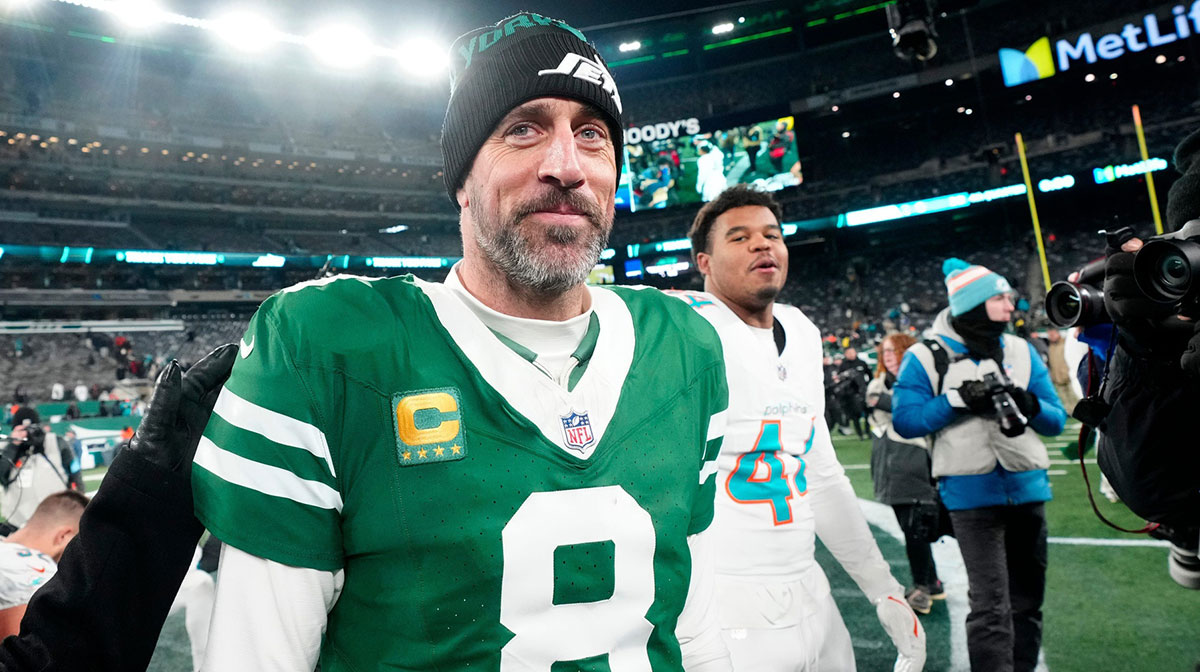 New York Jets quarterback Aaron Rodgers (8) is shown after he led Gang Green to a 32-20 victory against the Miami Dolphins.