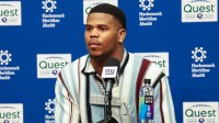 New York Giants first round draft pick, Abdul Carter, takes questions from the media during his introduction press conference.