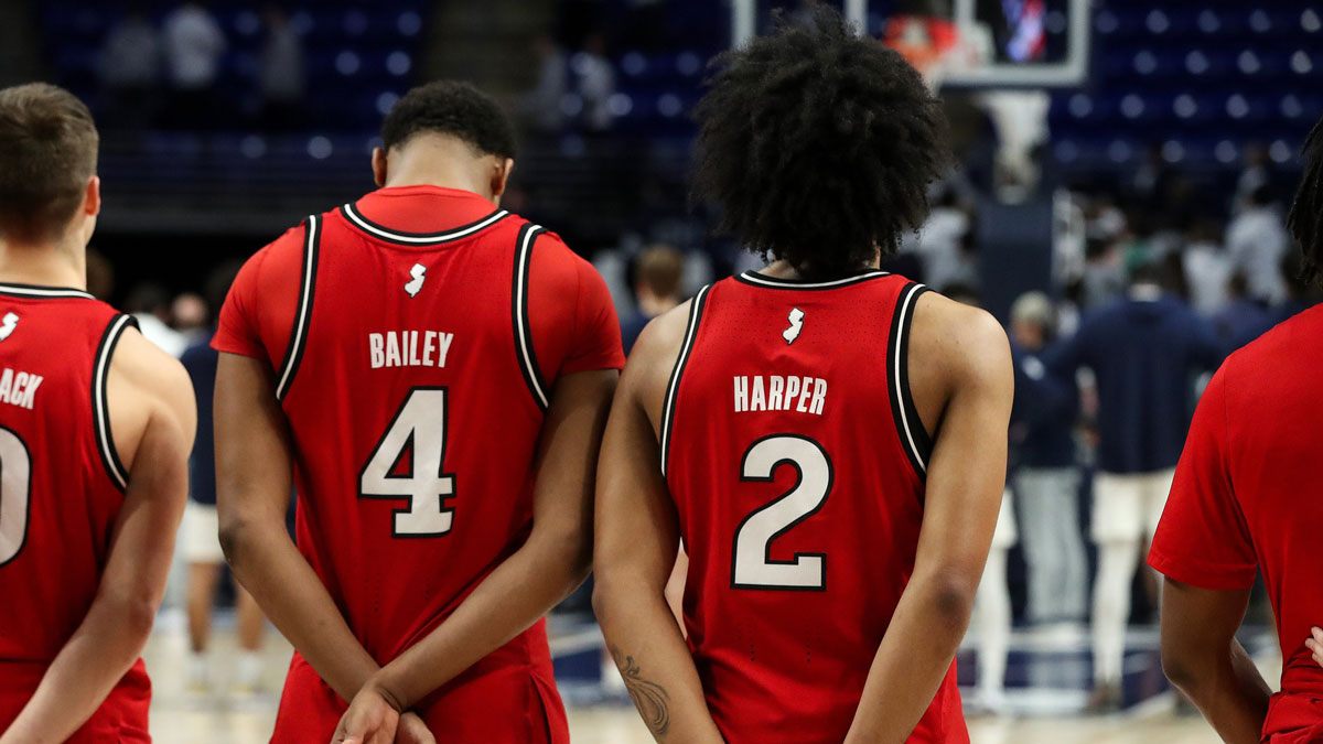 Rutgers Scarlet Knights guard Dylan Harper (2) and guard/forward Ace Bailey (4) stand on the court prior to the game against the Penn State Nittany Lions at Bryce Jordan Center.
