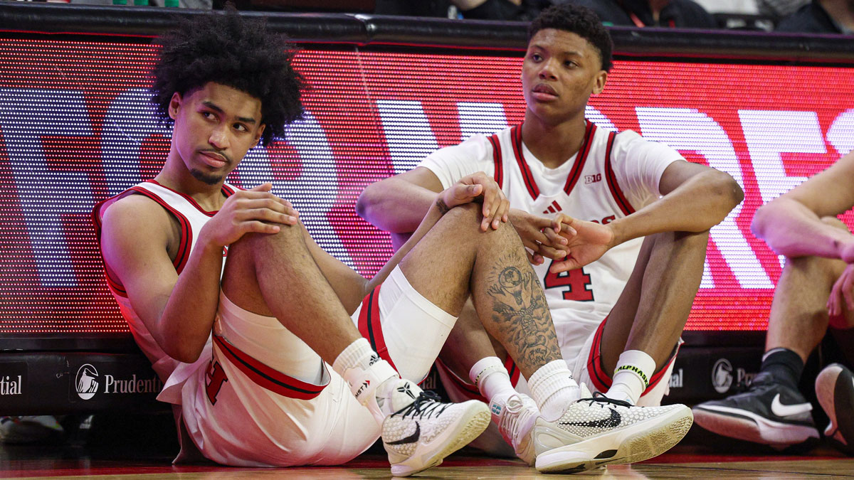 Rutgers Scarlet Knights guard Dylan Harper (2) and Rutgers Scarlet Knights guard Ace Bailey (4) looks on during the second half against the Minnesota Golden Gophers at Jersey Mike's Arena.