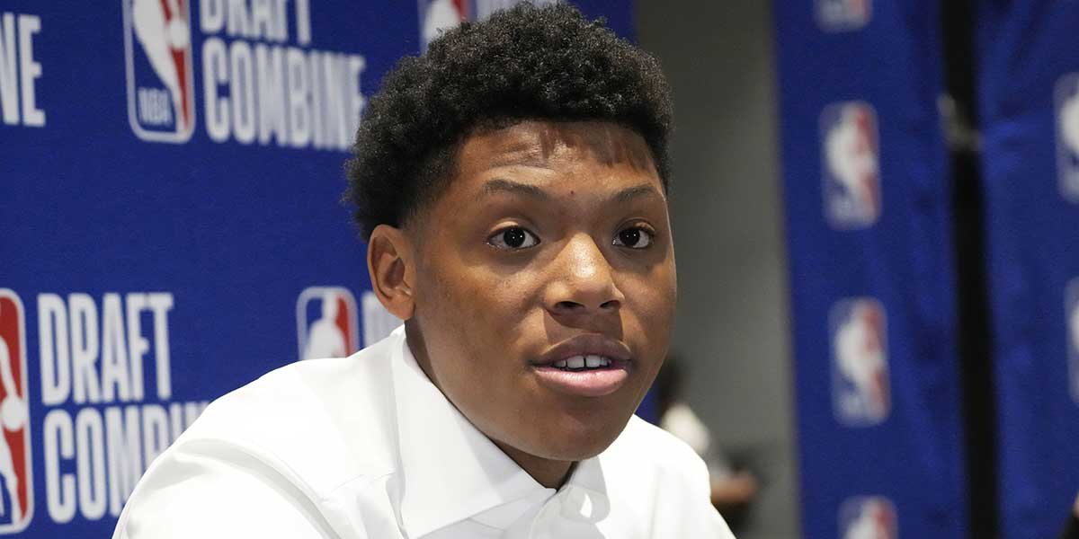 Ace Bailey talks to the media during the 2025 NBA Draft Combine at Marriott Marquis Chicago.