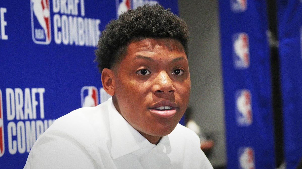 Ace Bailey talks to the media during the 2025 NBA Draft Combine at Marriott Marquis Chicago.