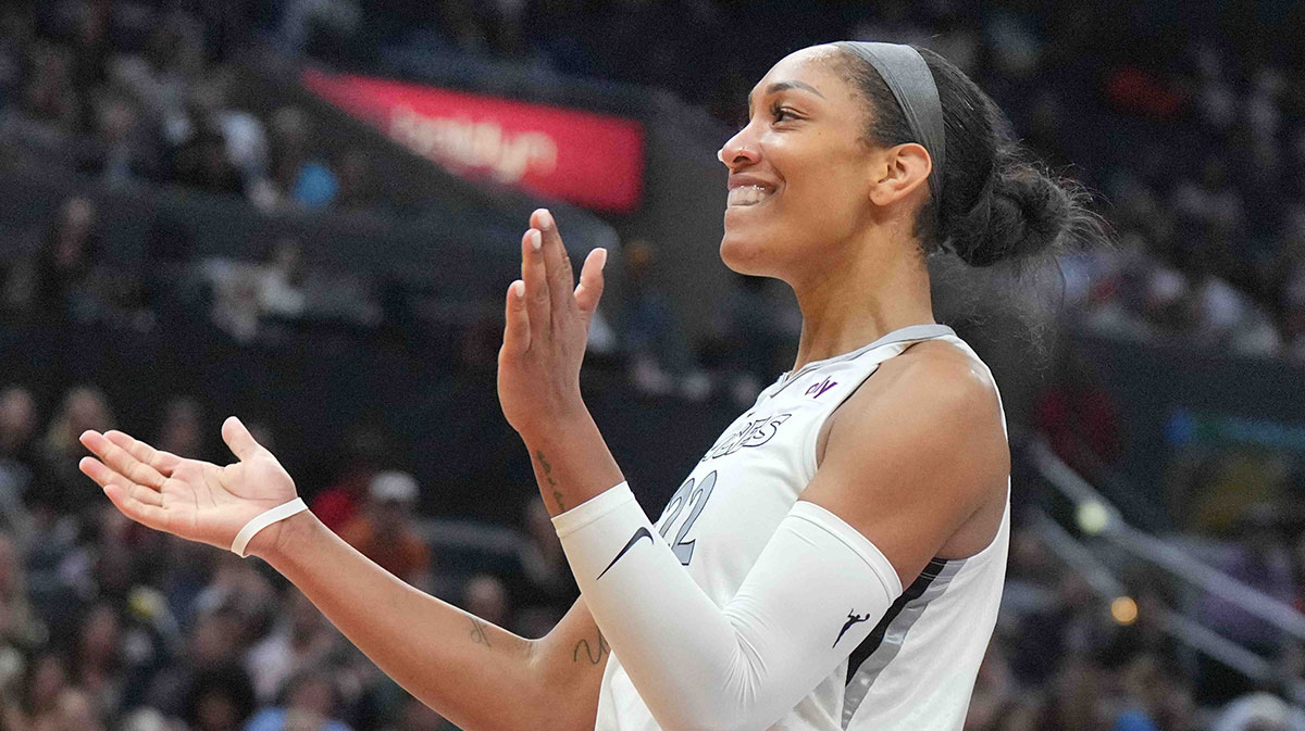 Las Vegas Aces center A'ja Wilson (22) reacts against the LA Sparks in the second half at Crypto.com Arena.