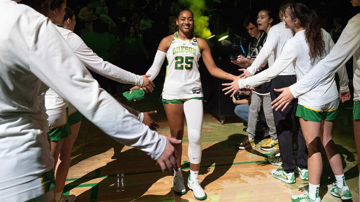 Oregon’s Oregon’s Deja Kelly is introduced before the game against Iowa at Matthew Knight Arena.