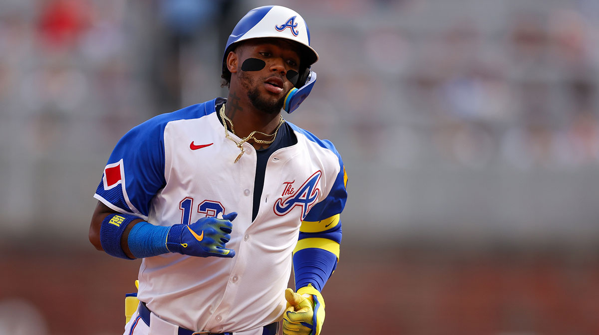 Atlanta Braves right fielder Ronald Acuna Jr. (13) celebrates after a two-run home run against the San Diego Padres in the sixth inning at Truist Park.