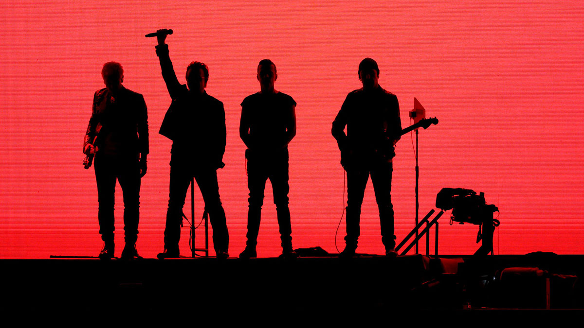 U2 members Adam Clayton, Bono, Larry Mullen Jr, and The Edge, who just performed live for the first time in almost five years, on stage on the 2017 Joshua Tree Tour.