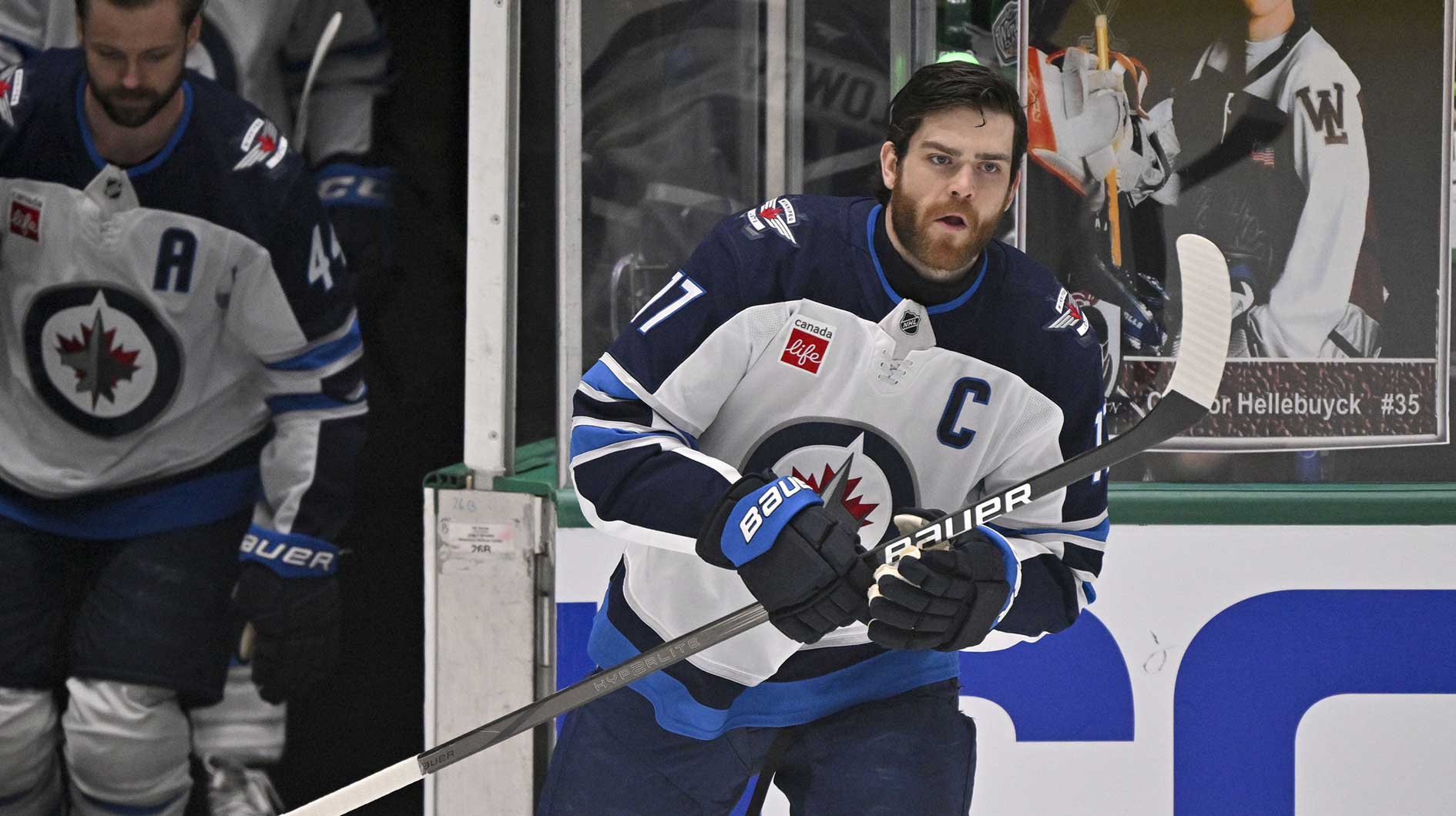 Winnipeg Jets center Adam Lowry (17) takes the ice to skate in warmups prior to the game against the Dallas Stars in game six of the second round of the 2025 Stanley Cup Playoffs at American Airlines Center.