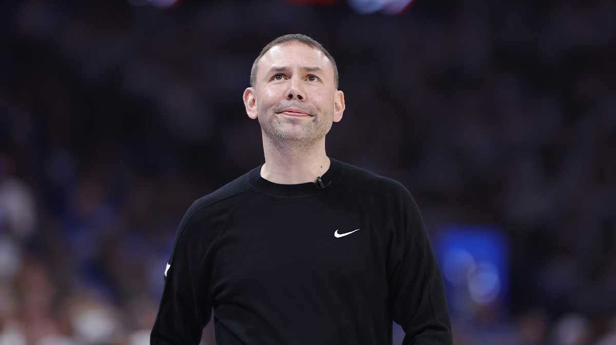 Denver Nuggets head coach David Adelman looks at the score against the Oklahoma City Thunder during the second quarter of game five of the second round for the 2025 NBA Playoffs at Paycom Center.
