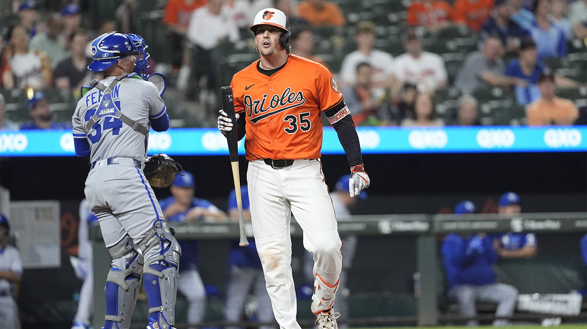 Baltimore Orioles catcher Adley Rutschman (35) reacts to striking out against the Kansas City Royals during the third inning at Oriole Park at Camden Yards.