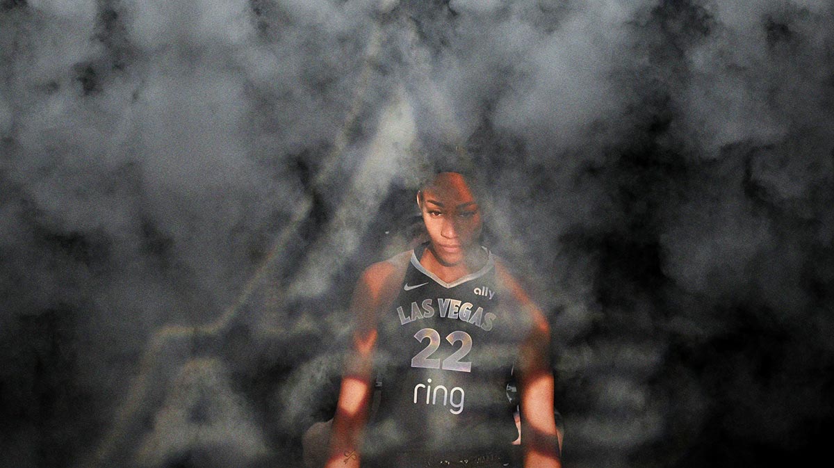 Las Vegas Aces center A'ja Wilson (22) prepares for player introductions before the game against the Washington Mystics at Michelob Ultra Arena.
