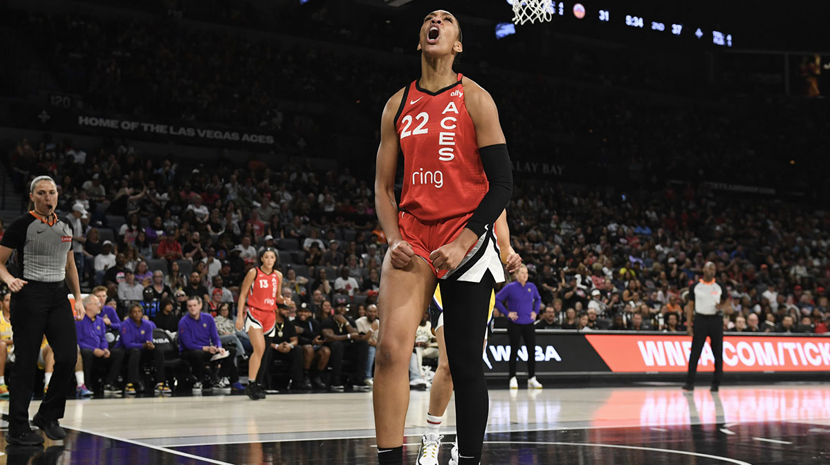 May 30, 2025; Las Vegas, Nevada, USA; Las Vegas Aces center A'ja Wilson (22) reacts to a play against the Los Angeles Sparks in the first quarter of their game at Michelob Ultra Arena. Mandatory Credit: Candice Ward-Imagn Images